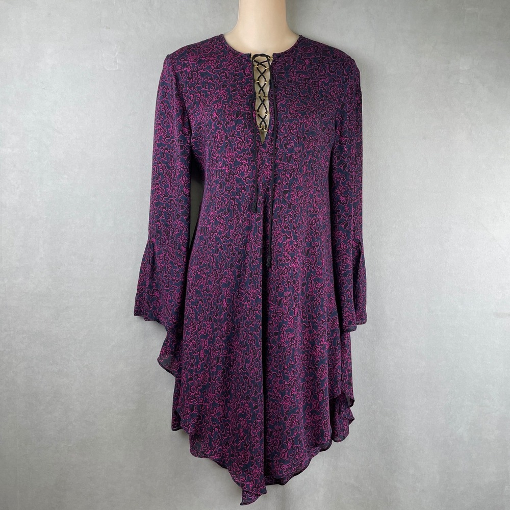 Derek Lam 10 Crosby Silk Lace‎ Up Mini Dress Purple Floral Paisley Bell Sleeve 4